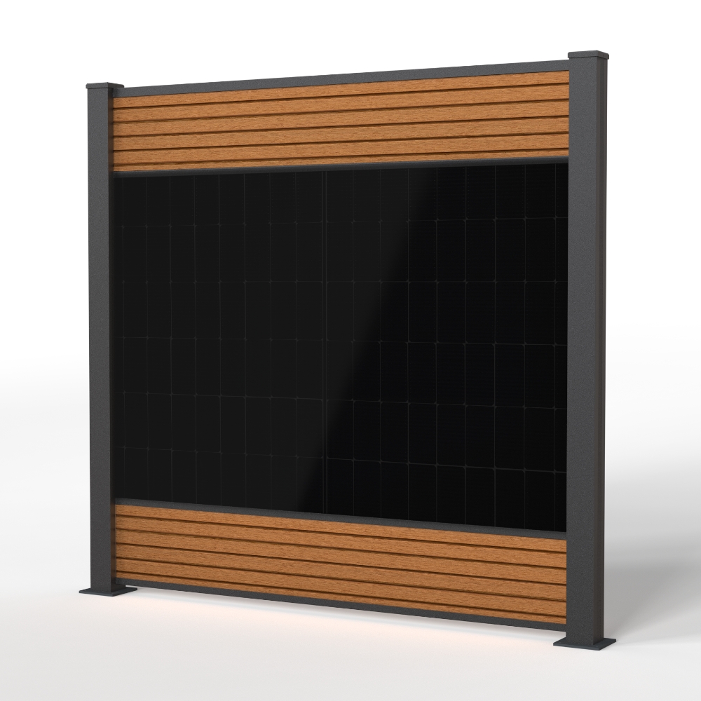 falagotti Eleganza Solarzaun – WPC in Teak mit integrierter Photovoltaik falagotti Solarzaun Eleganza in Teak mit seitlicher Ansicht und PV-Modul