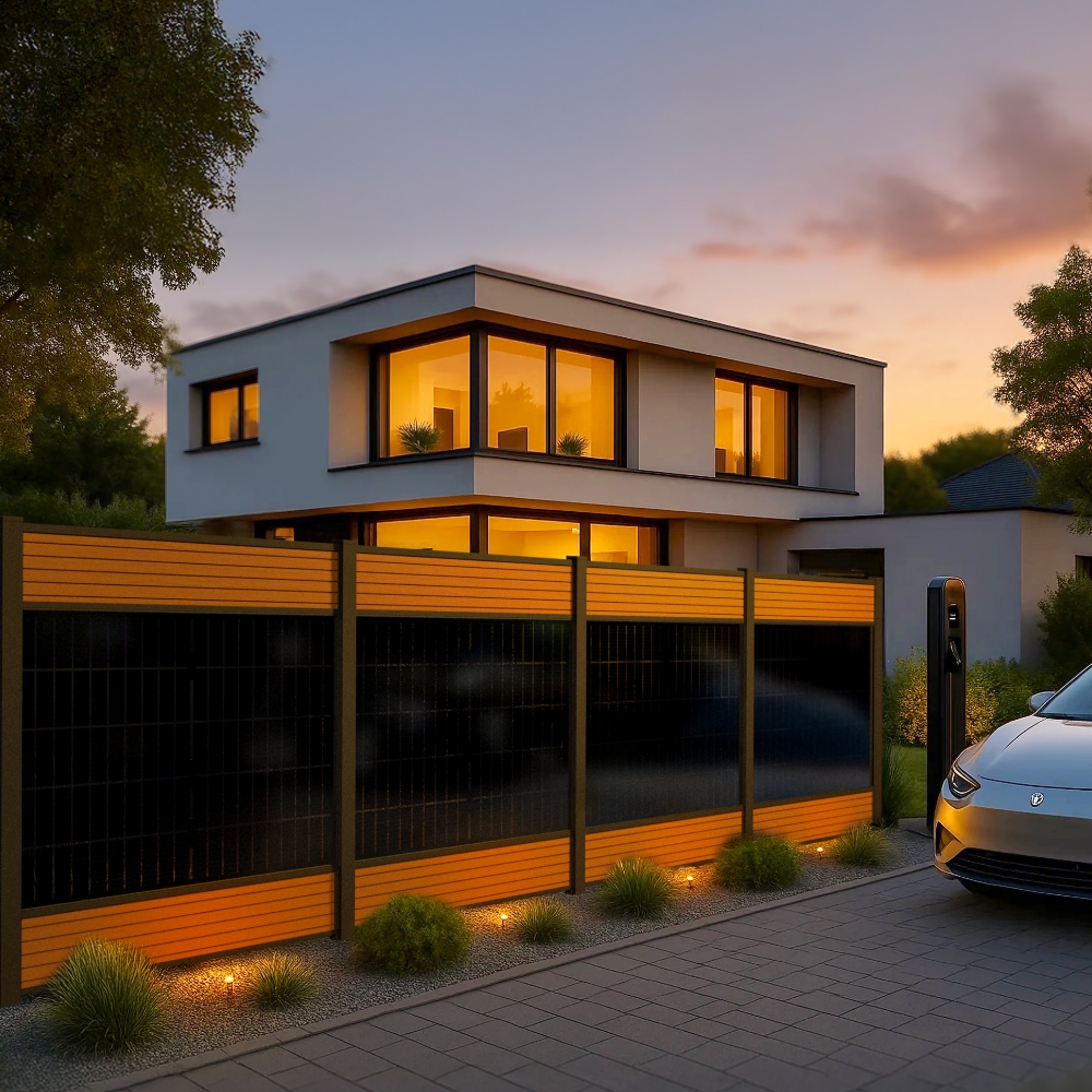 falagotti Eleganza Zaunkraftwerk – Strom für E-Auto und Haus aus dem Solarzaun falagotti Zaunkraftwerk Eleganza mit Wallbox und Elektroauto vor modernem Haus