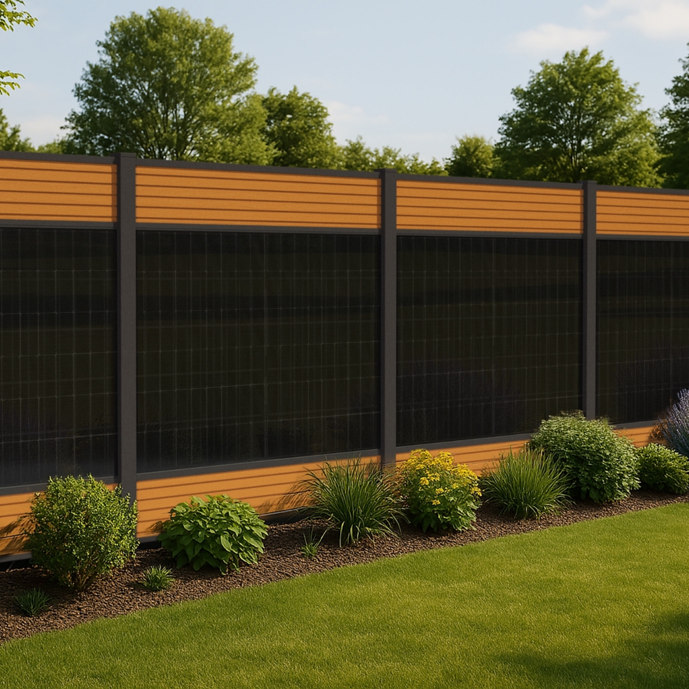 falagotti Eleganza Solarzaun – natürliche Teak-Optik trifft nachhaltige Energie falagotti Solarzaun Eleganza mit WPC in Teak neben bepflanztem Gartenbeet