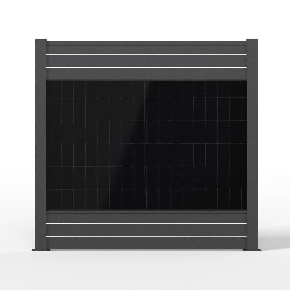 falagotti Aluna Solarzaun – elegantes Aluminiumdesign mit integriertem PV-Modul falagotti Solarzaun Aluna in RAL 7016 mit PV-Modul und Frontansicht