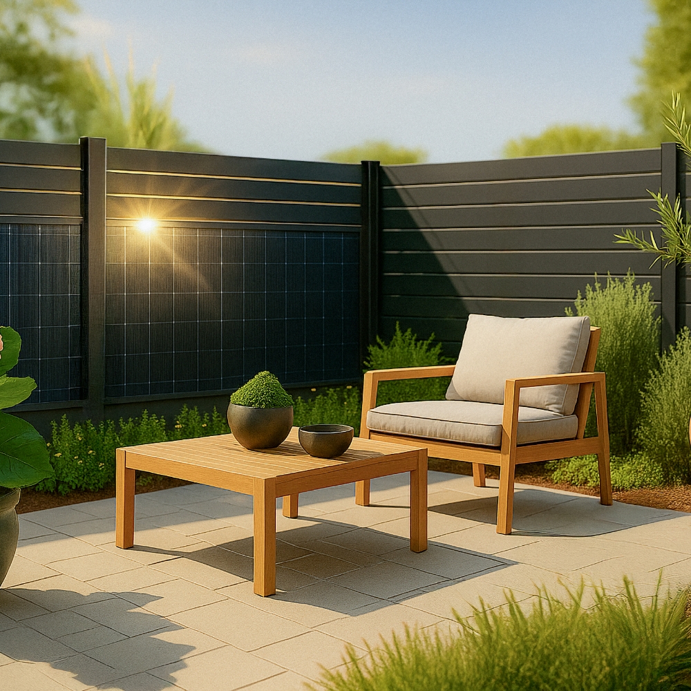 falagotti Aluna Solarzaun – stilvolle Terrassenbegrenzung mit Photovoltaik falagotti Solarzaun Aluna in Anthrazit auf Terrasse mit integrierten PV-Modulen