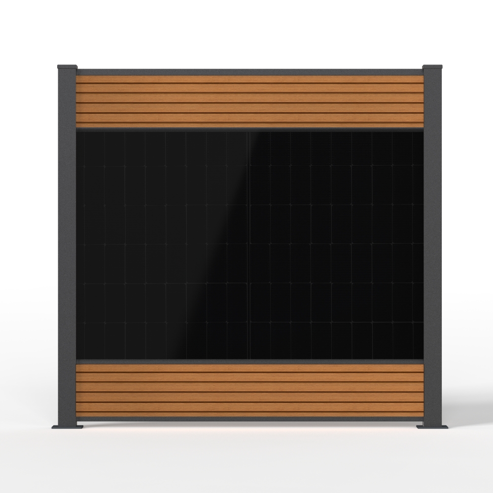 falagotti Eleganza Solarzaun – WPC in Teak mit integrierter Photovoltaik falagotti Solarzaun Eleganza in Teak mit PV-Modul und WPC-Lamellen